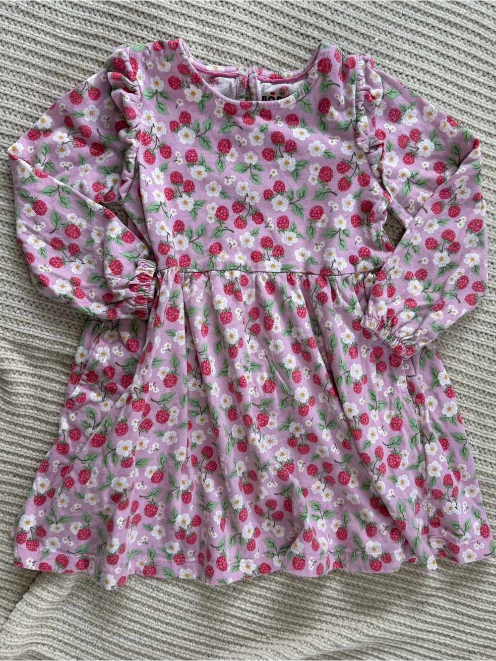 Mini Boden Girl Posie Ruffle Long Sleeve Dress Pink Berry Floral Raspberry 2-3y